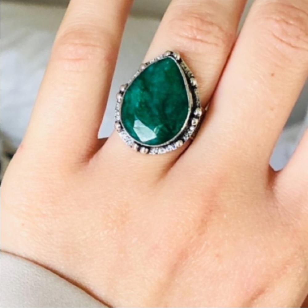 New Sterling Silver Plated Green Emerald Pear Shape Bohemian Statement Ring